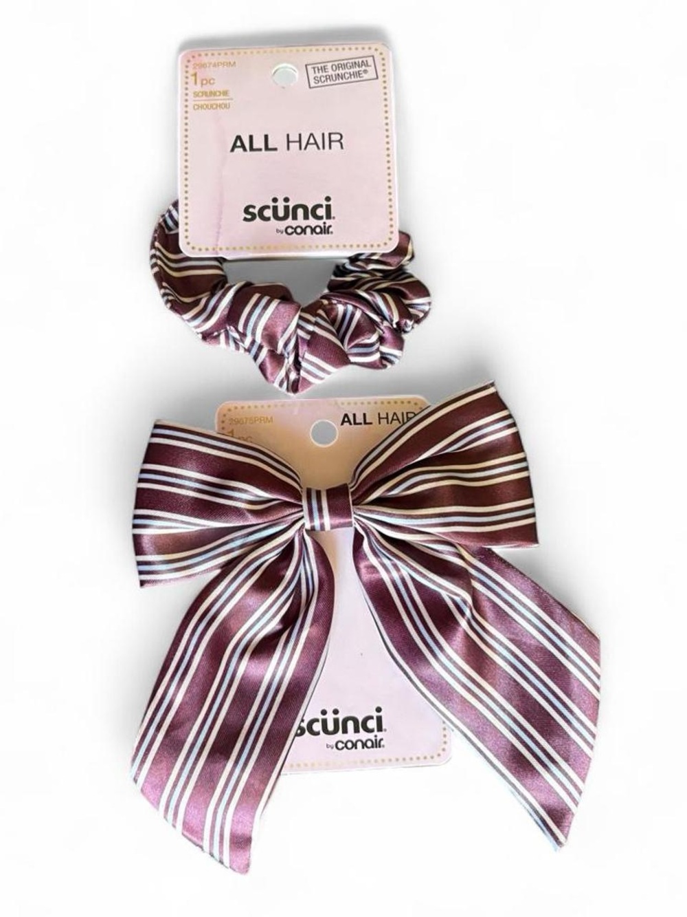 scünci preppy striped scrunchie + bow hair accessories in burgundy and blue